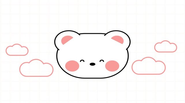 A single cute white kawaii bear face with rosy pink cheeks and pink clouds floating beside it on a white background