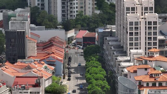 sunny day singapore city center old style buildings exterior traffic street aerial panorama 4k 