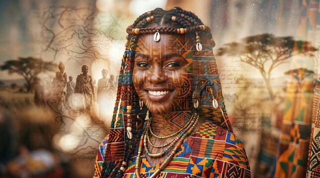 African Woman with Traditional Face Paint and Braids, Cultural Heritage Overlay