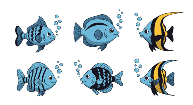 Collection of six colorful tropical fish including angelfish swimming in the ocean with small blue rising bubbles.