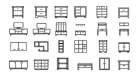 Collection of various furniture pieces in simple line art style for home decor and organization © Morjina