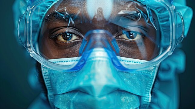 African American healthcare worker wearing full PPE including medical cap, N mask and fogged goggles, in dark cold blue toned medical setting, close-up portrait with concentrated cold blue light