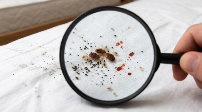 A person uses a magnifying glass to examine a white cloth covered in brown and black bed bugs. The individual is holding the magnifying glass over the bugs, closely inspecting them.