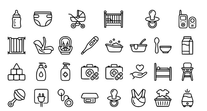 Baby care essentials and nursery items icons
