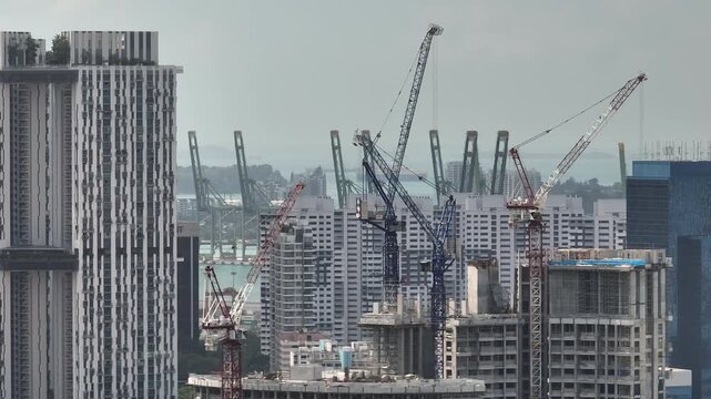 day time singapore city construction yard port district aerial panorama 4k 