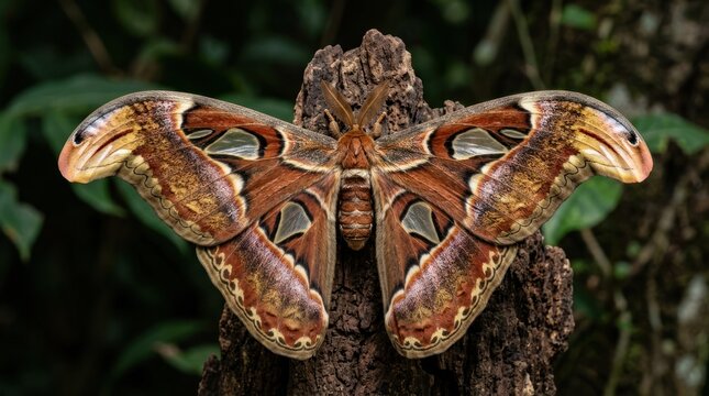 A large, brown moth perches on a weathered tree stump. The moth&rsquo;s wings are spread wide, displaying intricate patterns of brown, gold, and cream.