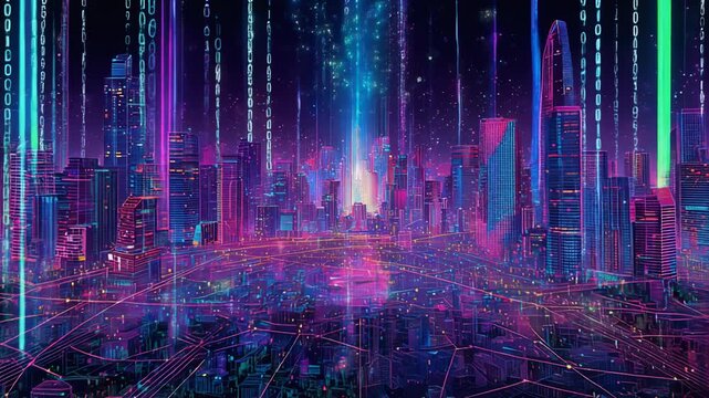 Futuristic cityscape glowing with vibrant neon lights and dynamic vertical data streams at night