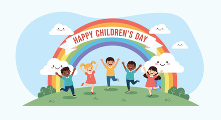 Fototapeta premium Diverse group of happy children jumping for joy on a green hill under a colorful rainbow to celebrate international children's day event.