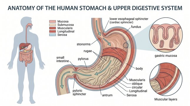 Medical Illustration of Human Stomach Anatomy and Upper Digestive System Diagram
