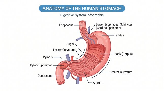 Medical Infographic Showing Anatomy of the Human Stomach with Labeled Parts and Cross Section