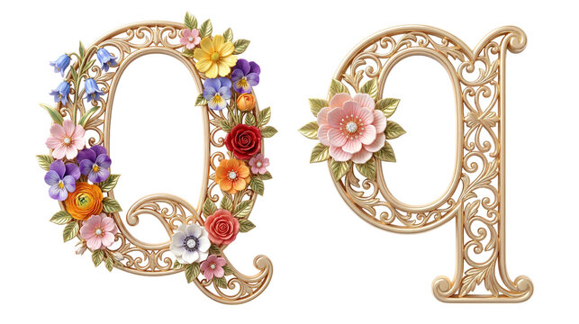 golden floral text Q/q