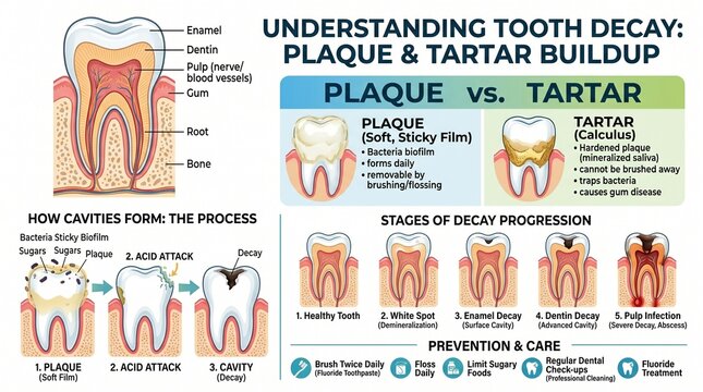 Educational Dental Infographic Explaining Tooth Decay Plaque and Tartar Buildup Process