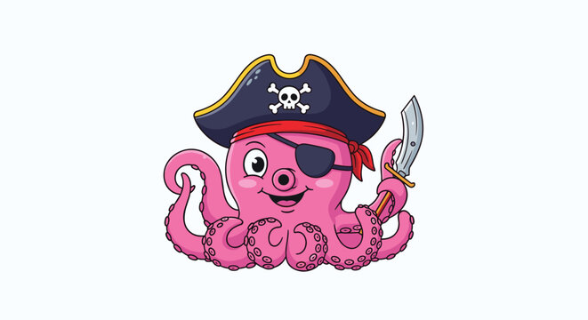 Cute pink octopus character dressed as a pirate wearing a skull hat and eyepatch while holding a silver sword on a white background.