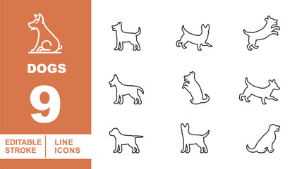 Dogs Line Icon Set. Puppy, canine, pet, animal, hound, retriever, shepherd, terrier, bulldog, beagle, poodle, husky, spaniel, boxer, dalmation, barking, jumping, running, walking, sitting, standing. © Catostd