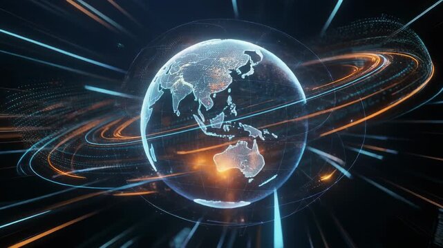Futuristic digital globe rotating in space with glowing blue and orange data streams visualization