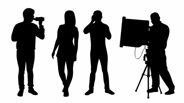 Silhouettes of a film crew including a cameraman, a woman, a man talking on the phone, and a person with a lighting rig