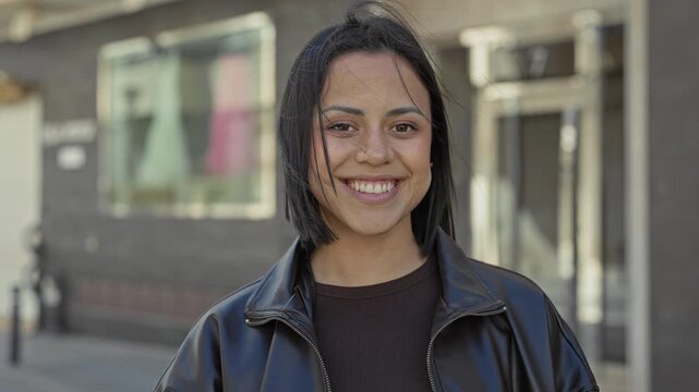 Young hispanic woman smiling with teeth visible, face framed by windblown hair in front of a storefront building on a street; confidence ease.
