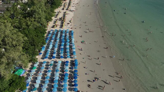 day time phuket island famous kata crowded beach bay aerial panorama 4k thailand