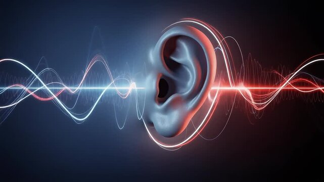 Futuristic ear glowing with red and blue sound waves in dark space technology and innovation concept