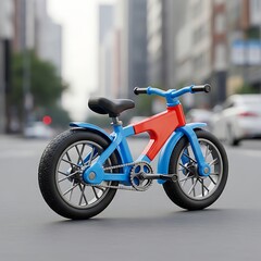Obraz premium Blue and red electric bicycle parked on city street.