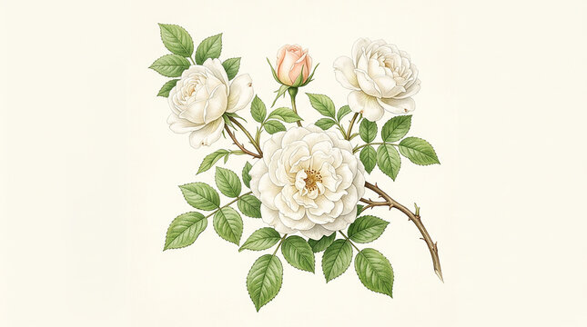 Soft-toned garden rose illustration with detailed petals and foliage, creating a timeless and sophisticated look.