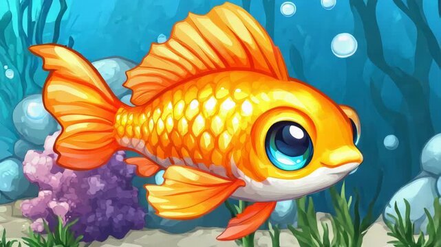 A cartoon-style goldfish swims in the sea. It has orange fins, scales, and a cute face