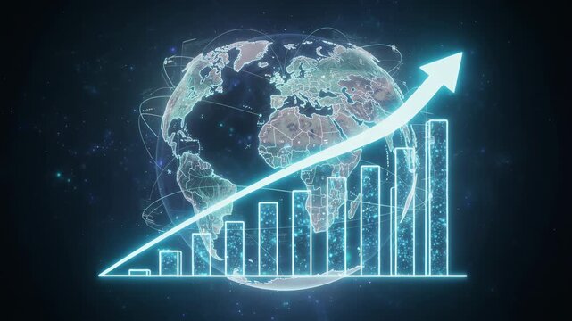 Futuristic glowing bar chart with sparkling particles rising steadily in vibrant neon colors