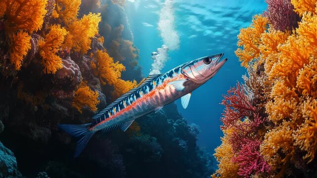 A colorful reef with a striking fish. Coral and light create an underwater ambiance