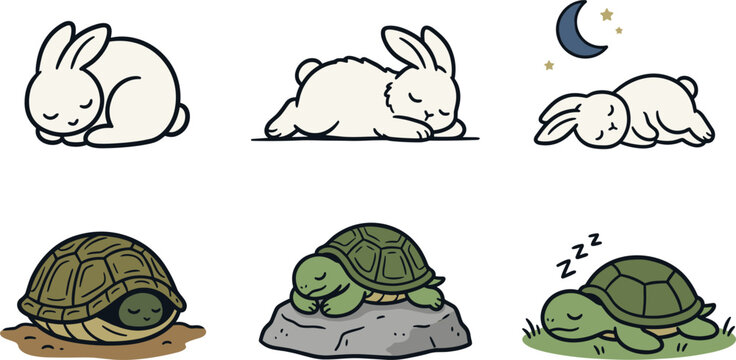 Cute Cartoon Sleeping Rabbit and Turtle Character Set with Night, Curled, and Resting Poses for Kids, Stickers, and Nursery Designs