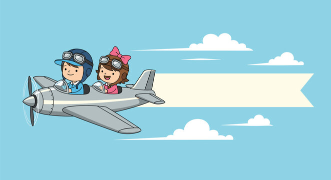 Two happy children flying a vintage silver airplane through the clouds with a long blank white banner trailing behind for message.