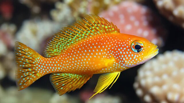 Close-up of a vibrant, tropical fish with orange body, blue spots, and yellow fins in an aquarium