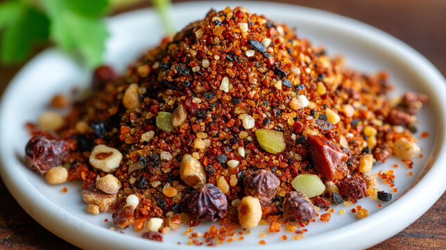 A small white ceramic bowl filled with aromatic spicy seasoning blend seasoning culinary