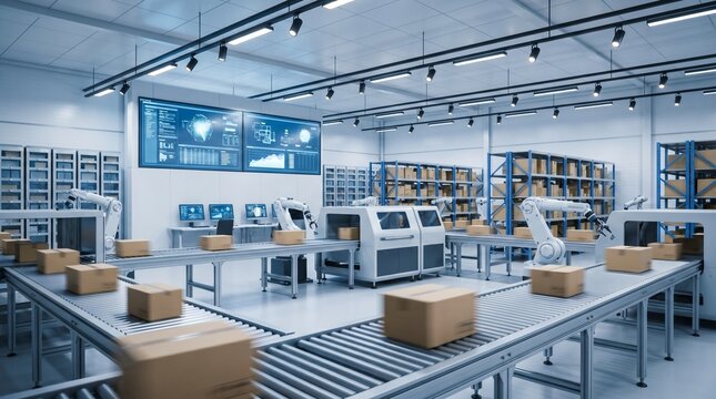 Automated warehouse with robotic arms and conveyor belts processing packages, showcasing advanced logistics and industrial automation technology