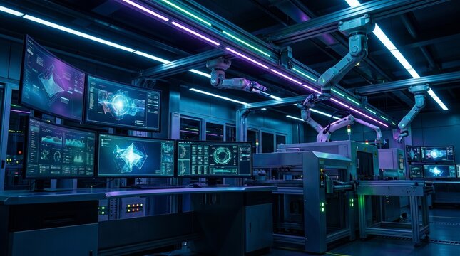 Futuristic High-Tech Control Room with Robotic Arms and Digital Data Screens in Cyberpunk Style Lighting