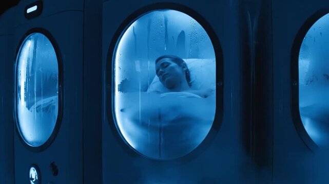 Row of Futuristic Cryogenic Stasis Chambers inside Spaceship Cabin with People Sleeping in Hibernation for Long Term Space Travel