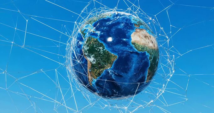 Silver Digital Network Wrapping Earth on Bright Blue Sky Background