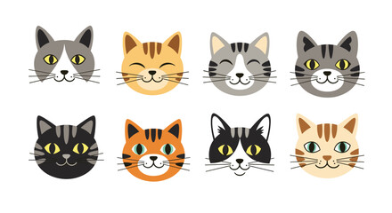 Fototapeta premium Set of eight diverse cartoon cat head illustrations with different colors, breeds, and facial expressions on a white background.