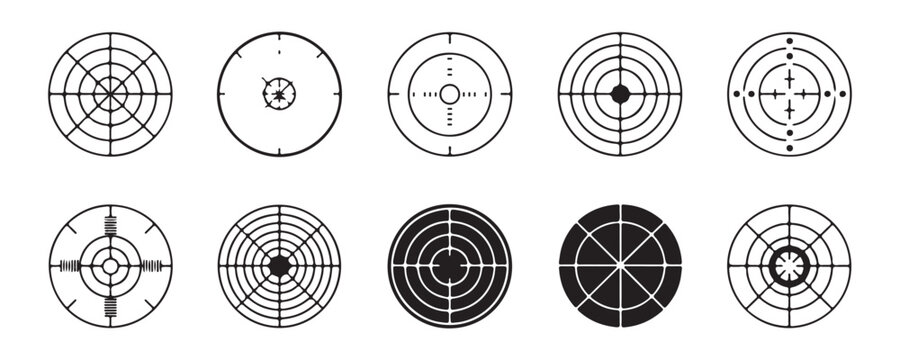 Ten various circular scope and crosshair designs for sniper rifle reticles or gaming target interfaces sets.