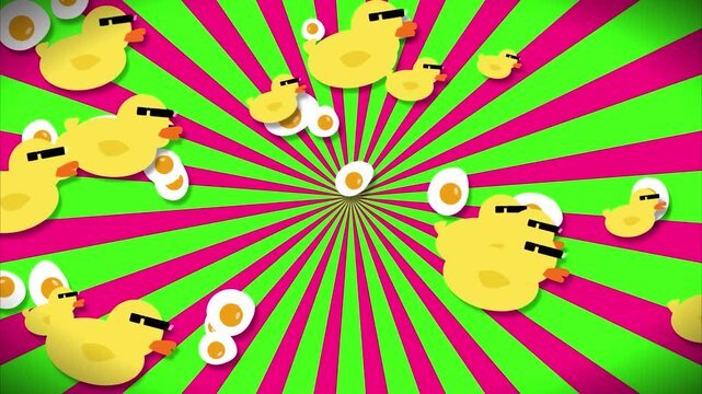 Rubber ducks wearing sunglasses and fried eggs flying on psychedelic retro sunburst background pop art motion graphics loop for creative social media