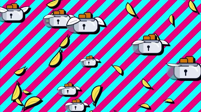 Flying toaster pixel art retro tech background loop motion graphic