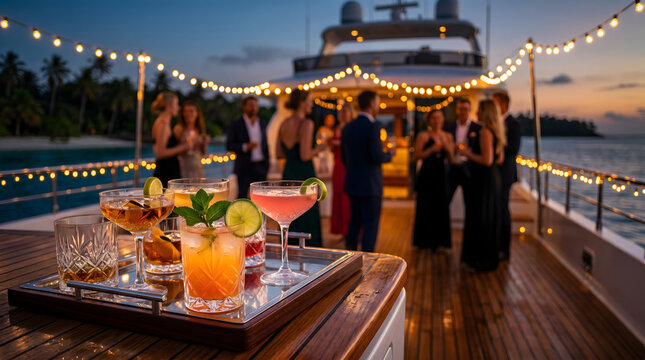 Elegant cocktails on a wooden tray during a luxury yacht party at sunset with blurred guests socializing under festive string lights.