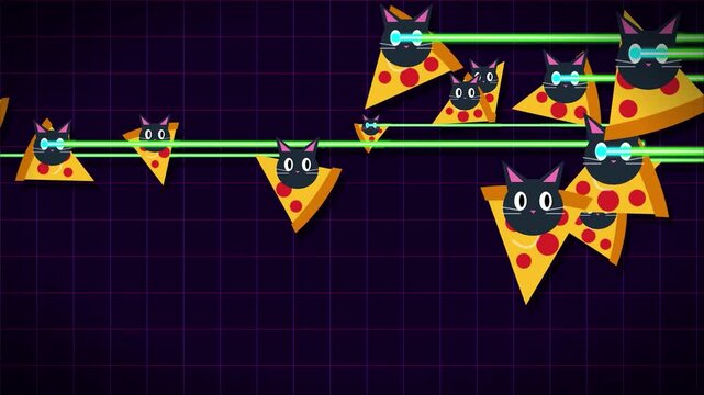 Black cats on pizza with laser eyes retro pixel art gaming background