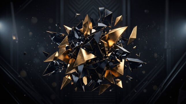 Abstract 3D Geometric Cluster of Sharp Black and Gold Metallic Crystals on Dark Background
