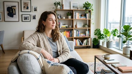 Obraz premium Young Woman in Comfortable Cardigan Sitting Thoughtfully in Modern Living Room — Cozy Home Portrait