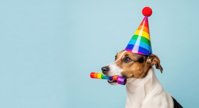 Dog wearing rainbow party hat holding noisemaker celebration