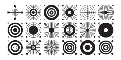 Diverse collection of 18 target icons and crosshair symbols for aiming and shooting games. © MSTGIRATUN