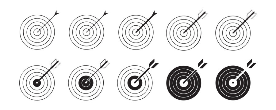 Various circular target shapes featuring arrows piercing center mark for business vision mission or goal set.