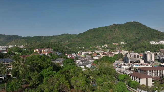 sunny day phuket ialsnd famous beach bay kata town landscape aerial panorama 4k thailand