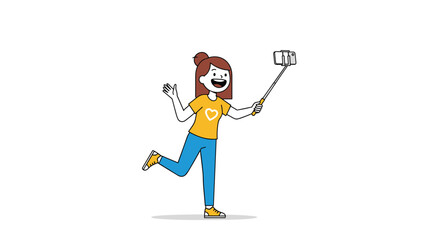 Fototapeta premium Cheerful young girl in a yellow shirt and blue pants taking a selfie with a phone on a stick while waving and standing on one leg.