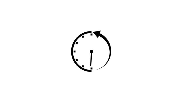 Minimalist black clock icon animation on white background with rotating arrow and moving dial hand.